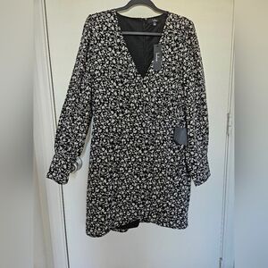 Lulus Black Floral Print Long Sleeve Faux-Wrap Dress